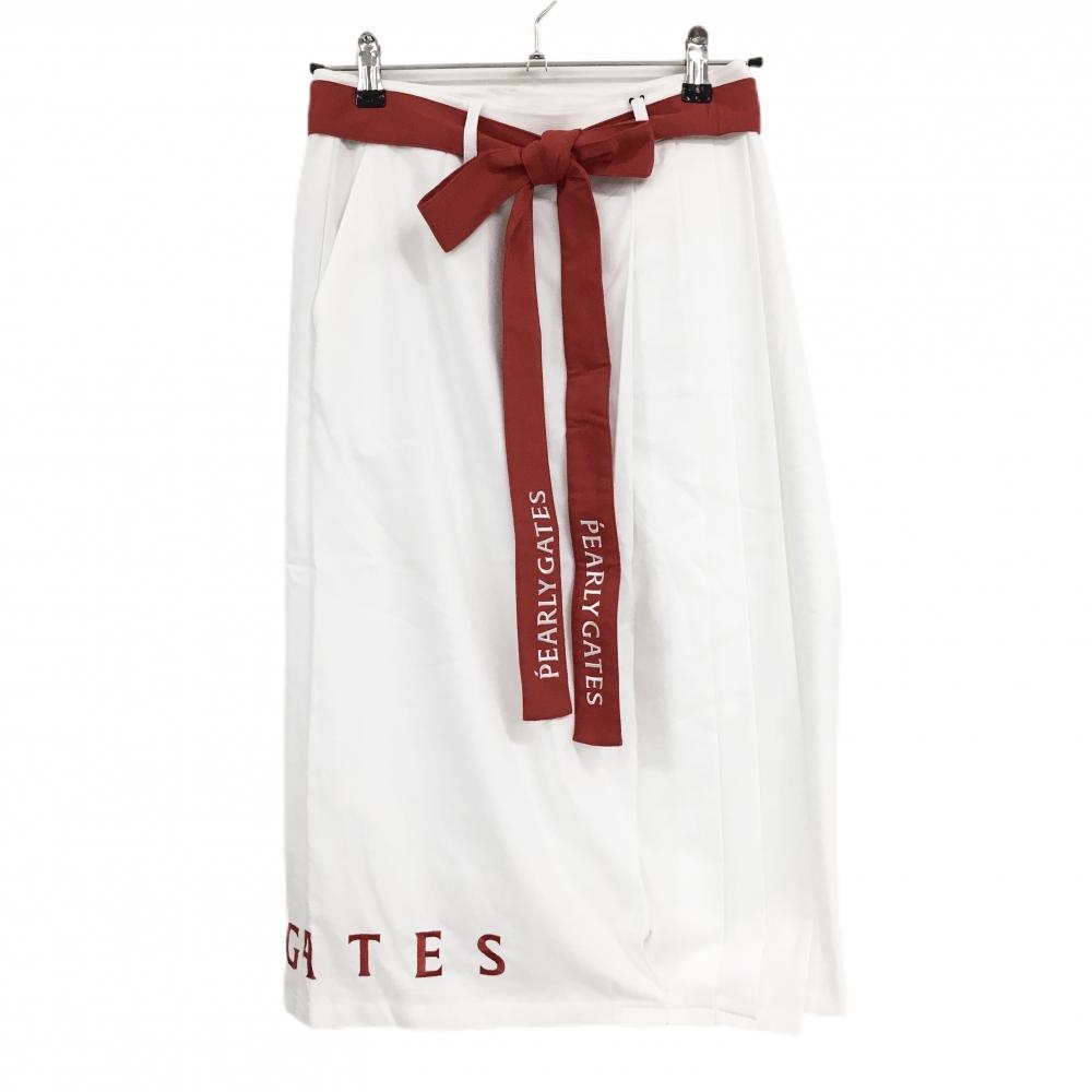 【新品】パーリーゲイツ スカート 白×レッド 裾ロゴ刺しゅう 共布ベルト付   レディース 0(S) ゴルフウェア PEARLY GATES