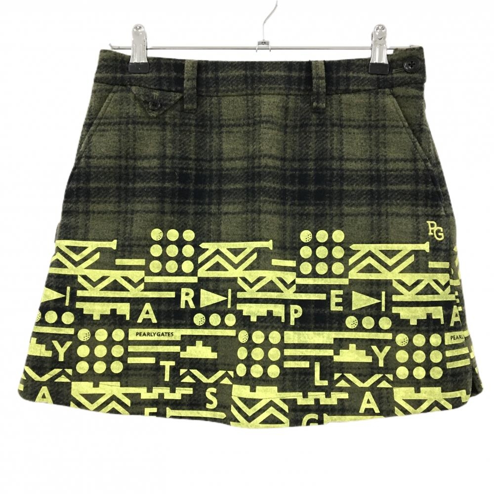 【新品】パーリーゲイツ スカート カーキ×イエロー チェック 表起毛 下部プリント レディース 0(S) ゴルフウェア PEARLY GATES