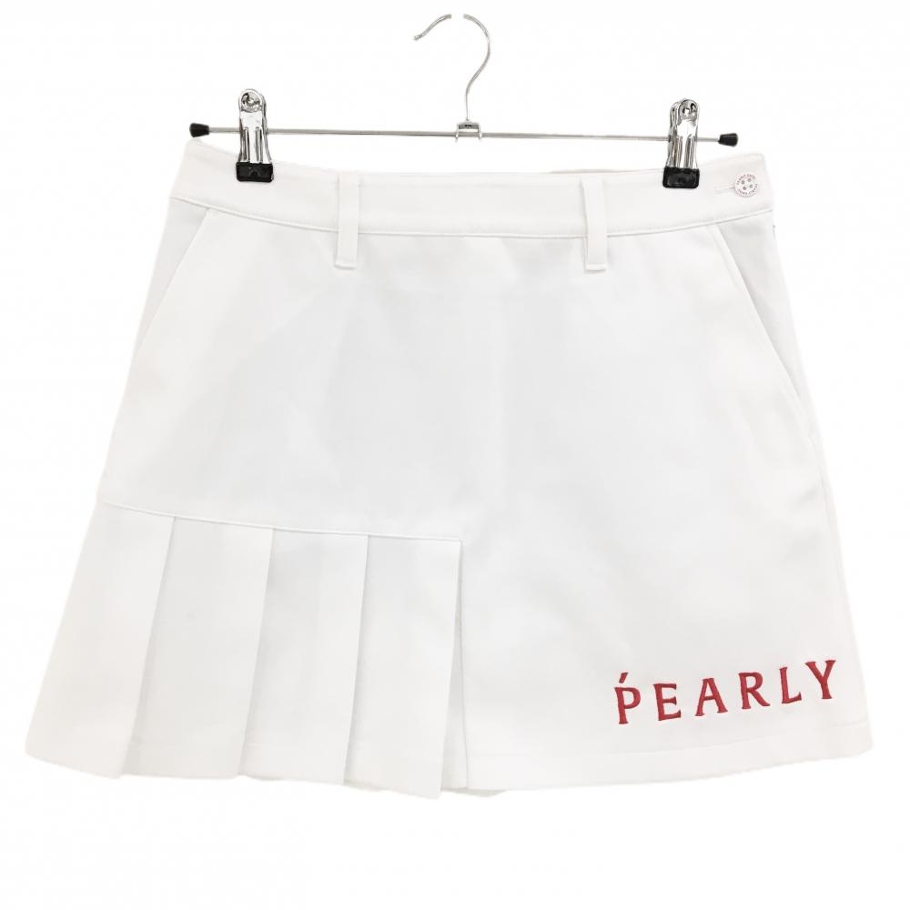 【美品】パーリーゲイツ スカート 白×レッド 一部裾プリーツ 裾ロゴ刺しゅう ストレッチ レディース 1(M) ゴルフウェア PEARLY GATES