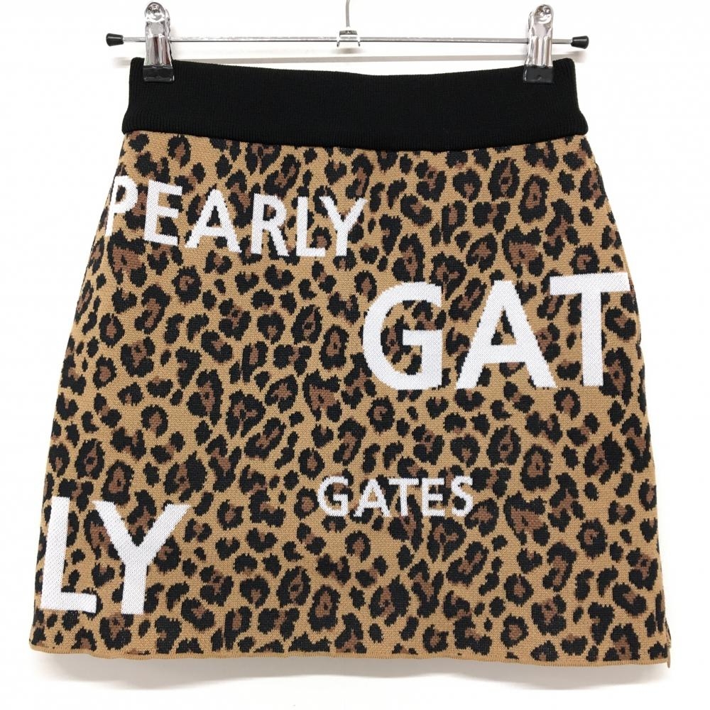 【新品】パーリーゲイツ ニットスカート ライトブラウン×黒 レオパード柄 ロゴ白 ウール混 レディース 0(S) ゴルフウェア PEARLY GATES