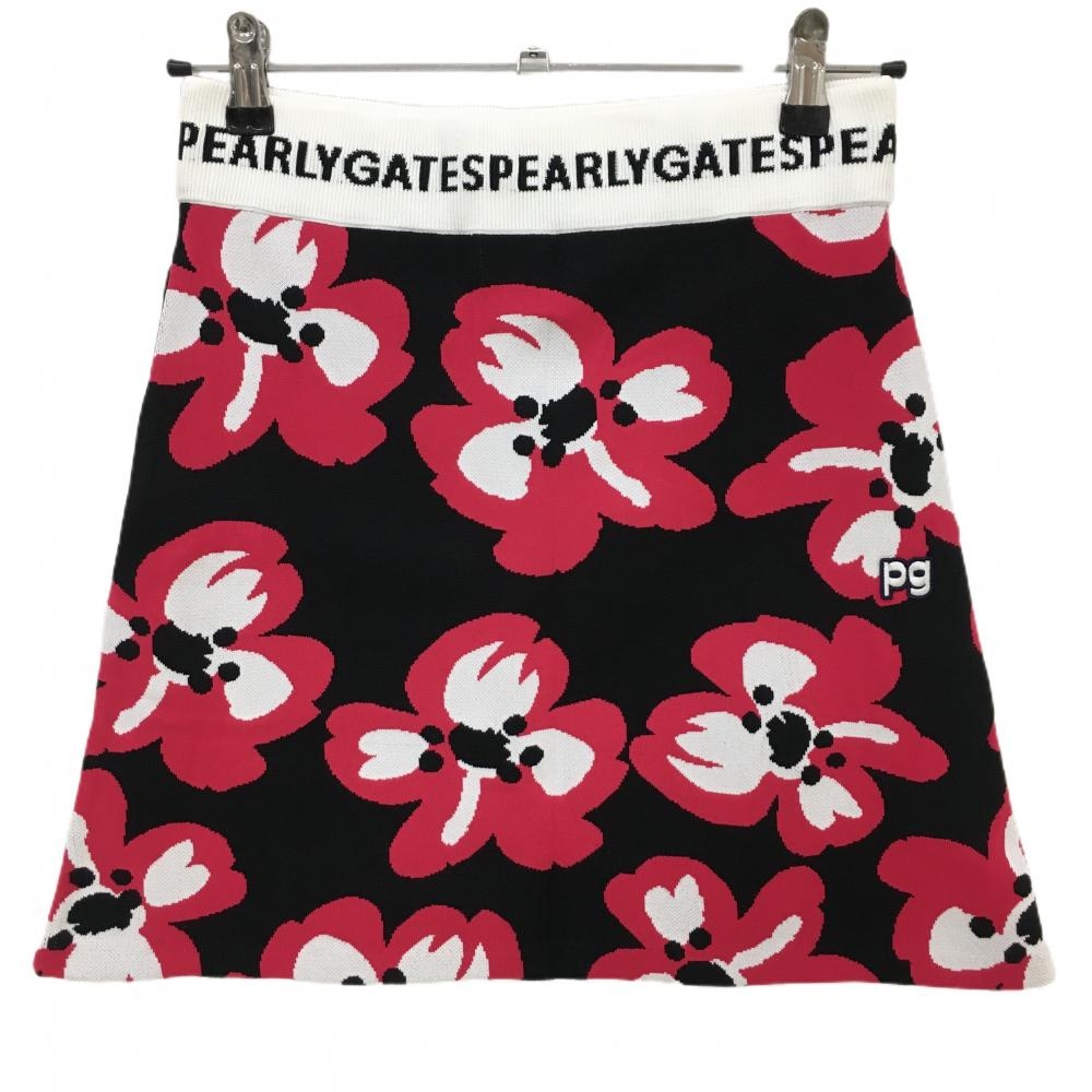 【新品】パーリーゲイツ ニットスカート 黒×ピンク 花柄 ウエストゴム ポリエステル100％ レディース 0(S) ゴルフウェア PEARLY GATES