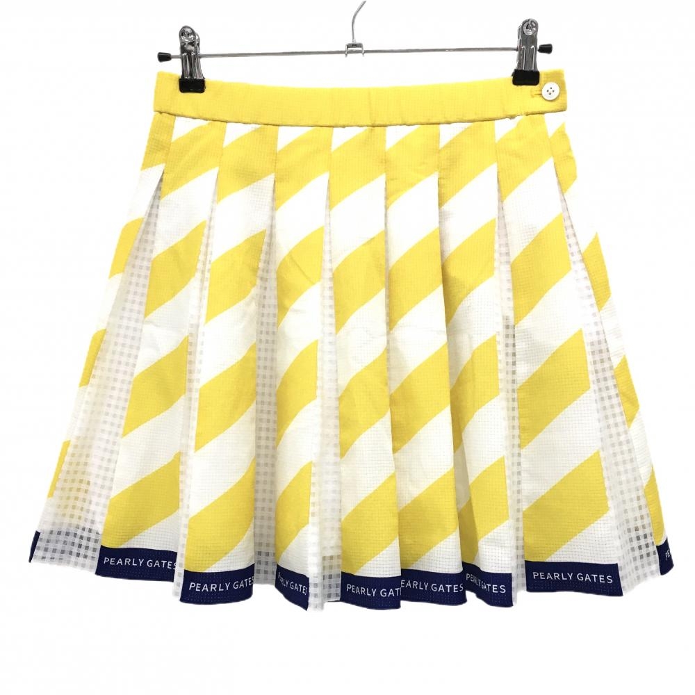 【美品】パーリーゲイツ スカート イエロー×白 総柄 一部レース調 裾ロゴ  レディース 1(M) ゴルフウェア PEARLY GATES
