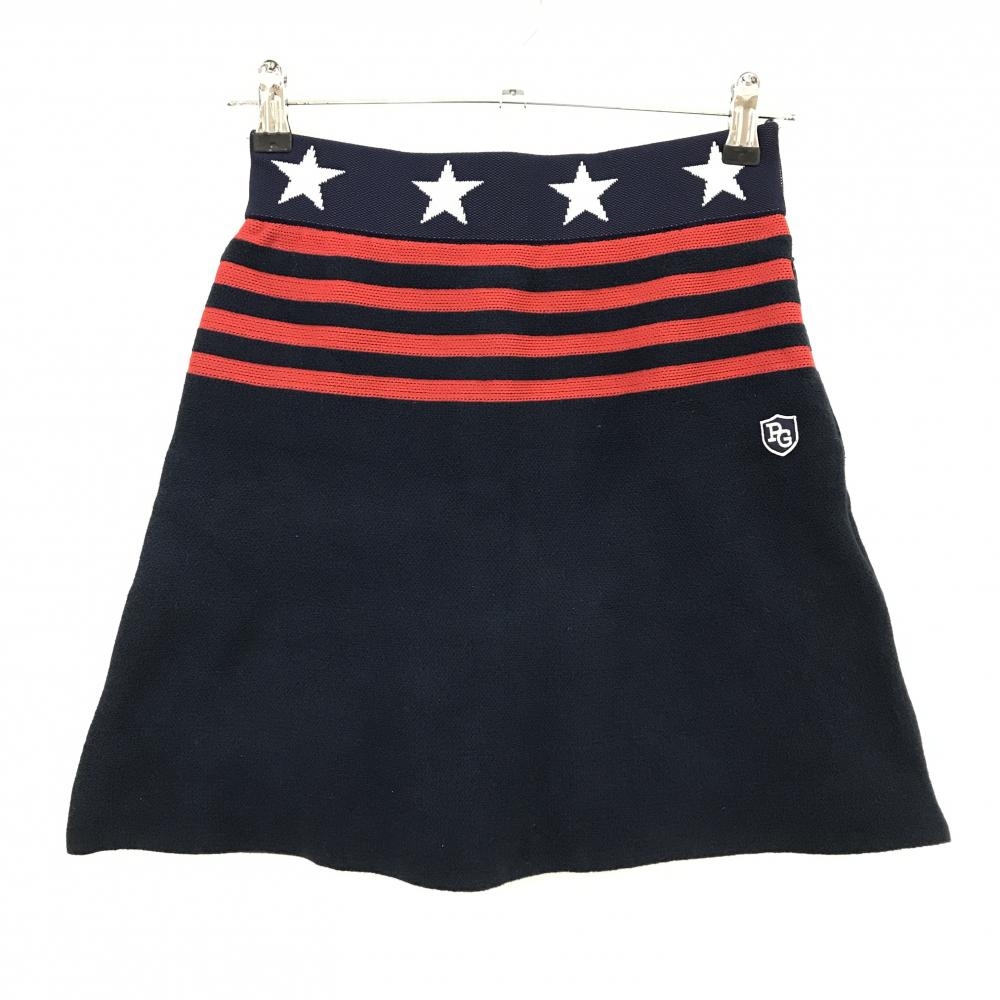 【美品】パーリーゲイツ ニットスカート ネイビー×レッド ウエスト星柄 一部ボーダー  レディース 0(S) ゴルフウェア PEARLY GATES