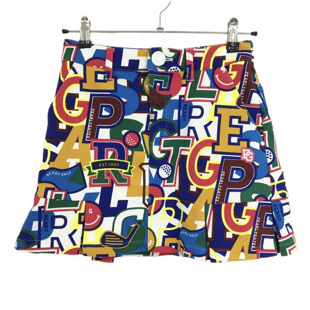 【美品】パーリーゲイツ スカート 白×マルチカラー 英字総柄 ニコちゃん  レディース 00(XS) ゴルフウェア 2024年モデル PEARLY GATES