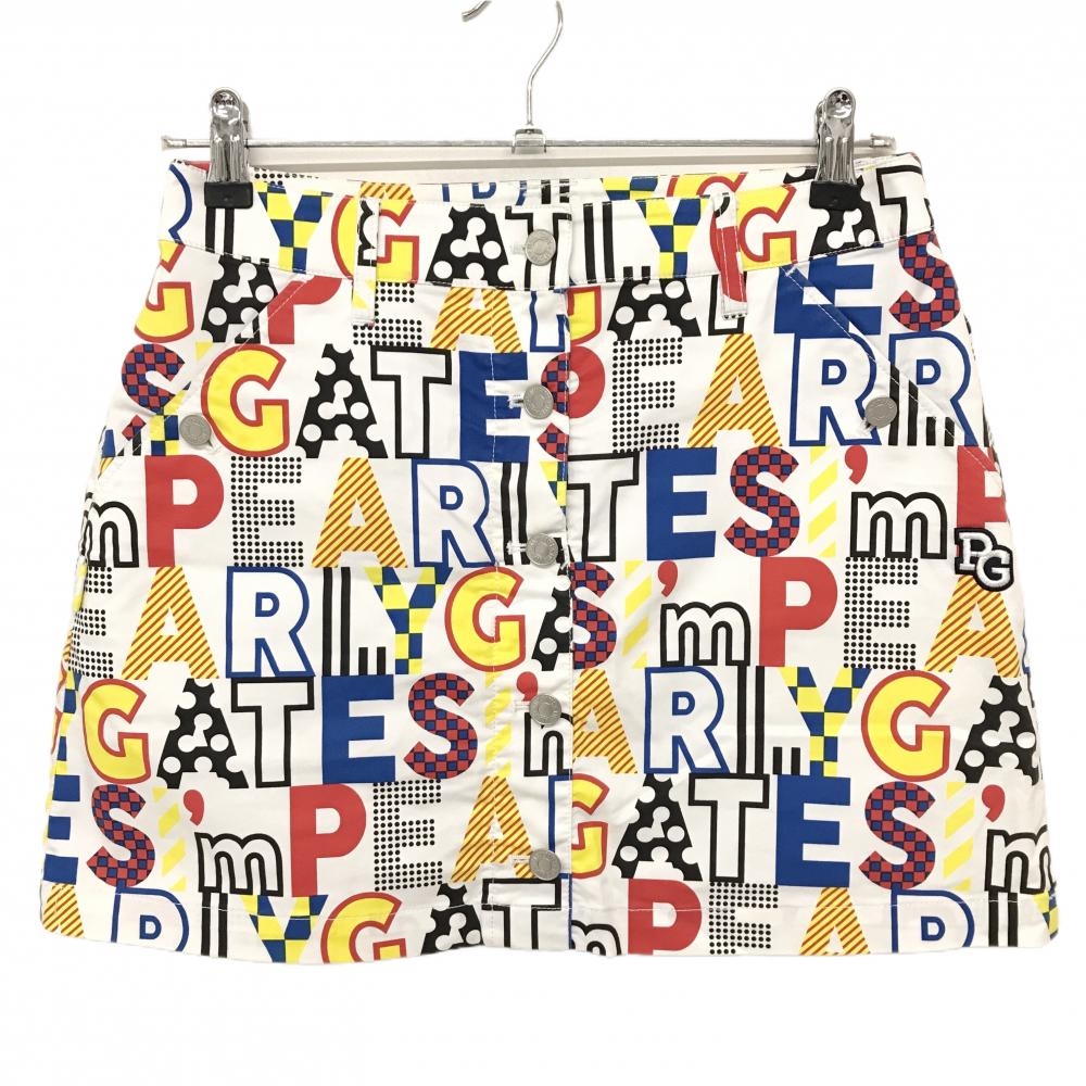 【美品】パーリーゲイツ スカート 白×マルチカラー ロゴ総柄 ストレッチ 30周年  レディース 1(M) ゴルフウェア PEARLY GATES