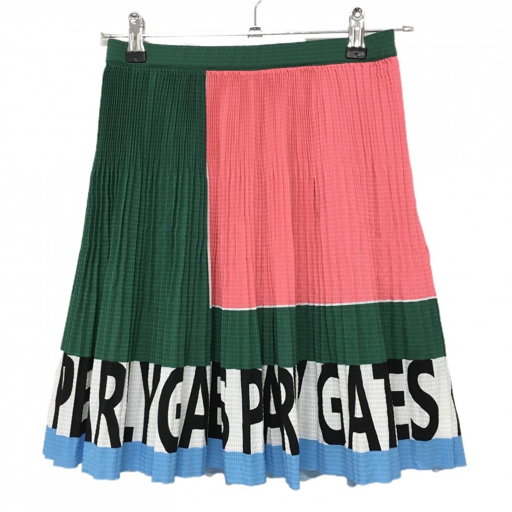 【超美品】パーリーゲイツ スカート グリーン×ピンク メッシュ調 内側インナーパンツ  レディース 0(S) ゴルフウェア PEARLY GATES
