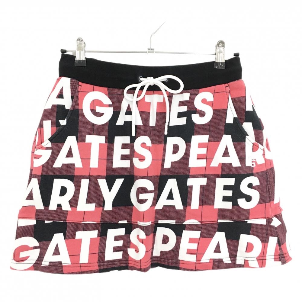 パーリーゲイツ スカート ピンク×黒×白 チェック ロゴ総柄 裏起毛 ウエストゴム＆調節紐 レディース 1(M) ゴルフウェア PEARLY GATES