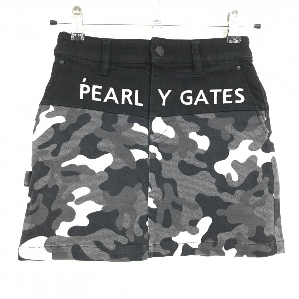 パーリーゲイツ スカート 黒×グレー 一部カモフラ柄 迷彩 ストレッチ 30周年 レディース 00(XS) ゴルフウェア PEARLY GATES