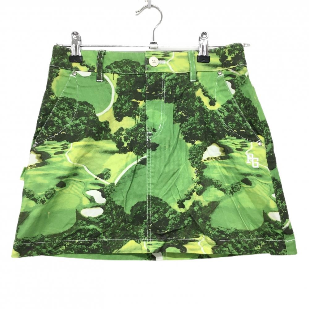 【超美品】パーリーゲイツ スカート グリーン×イエロー×黒 ゴルフ場柄 30周年 スマイル レディース 0(S) ゴルフウェア PEARLY GATES