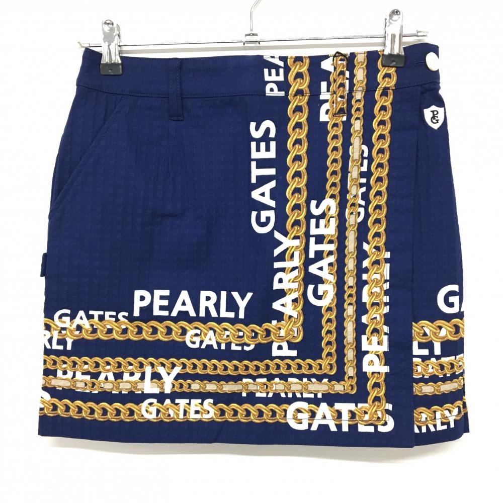 【新品】パーリーゲイツ スカート ネイビー×ゴールド チェーン柄 凸凹生地 サイドファスナー レディース 0(S) ゴルフウェア PEARLY GATES