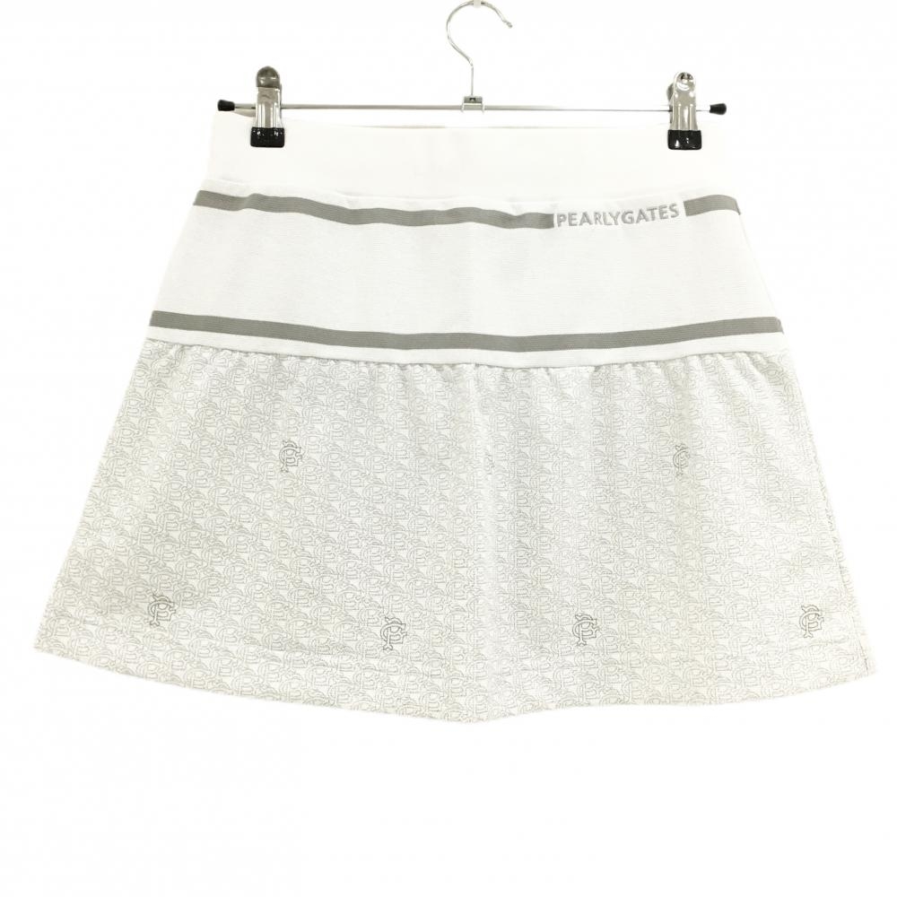【新品】パーリーゲイツ スカート 白×グレー 下部総柄 ロゴ刺しゅう ウエスト紐 日本製 レディース 1(M) ゴルフウェア PEARLY GATES