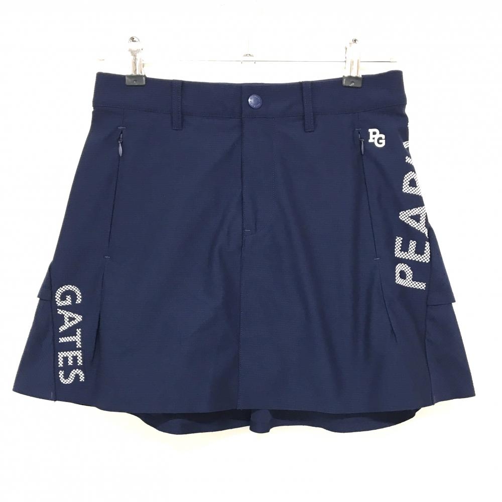 【新品】パーリーゲイツ スカート ネイビー×白 ロゴプリント 後ろフリル 一部パンチング  レディース 0(S) ゴルフウェア PEARLY GATES