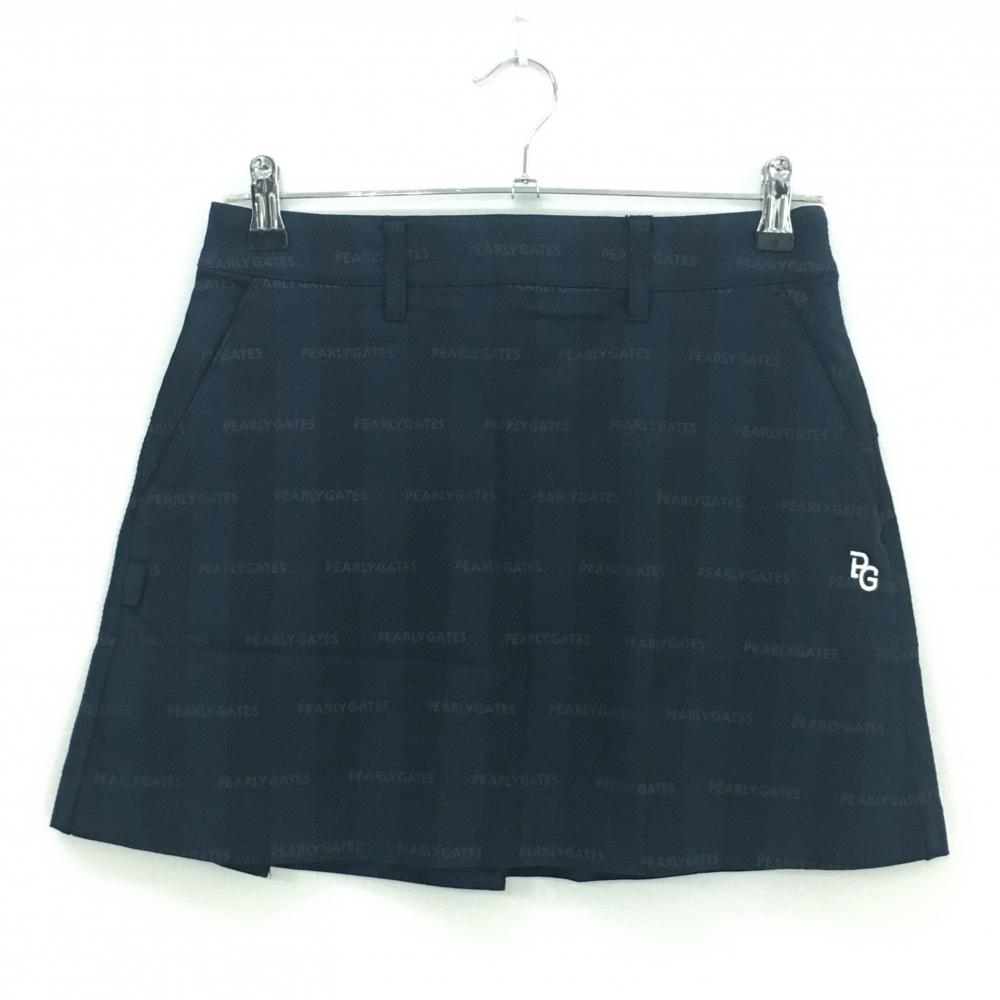 【新品】パーリーゲイツ スカート ネイビー×黒 ロゴ総柄 ストライプ 後ろプリーツ VORTEX レディース 0 ゴルフウェア PEARLY GATES