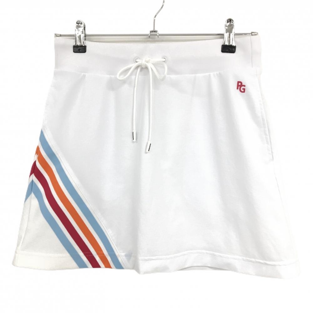 【新品】パーリーゲイツ スカート 白×ライトブルー ロゴピンク 4ライン ウエストゴム 調節紐  レディース 1(M) ゴルフウェア PEARLY GATES