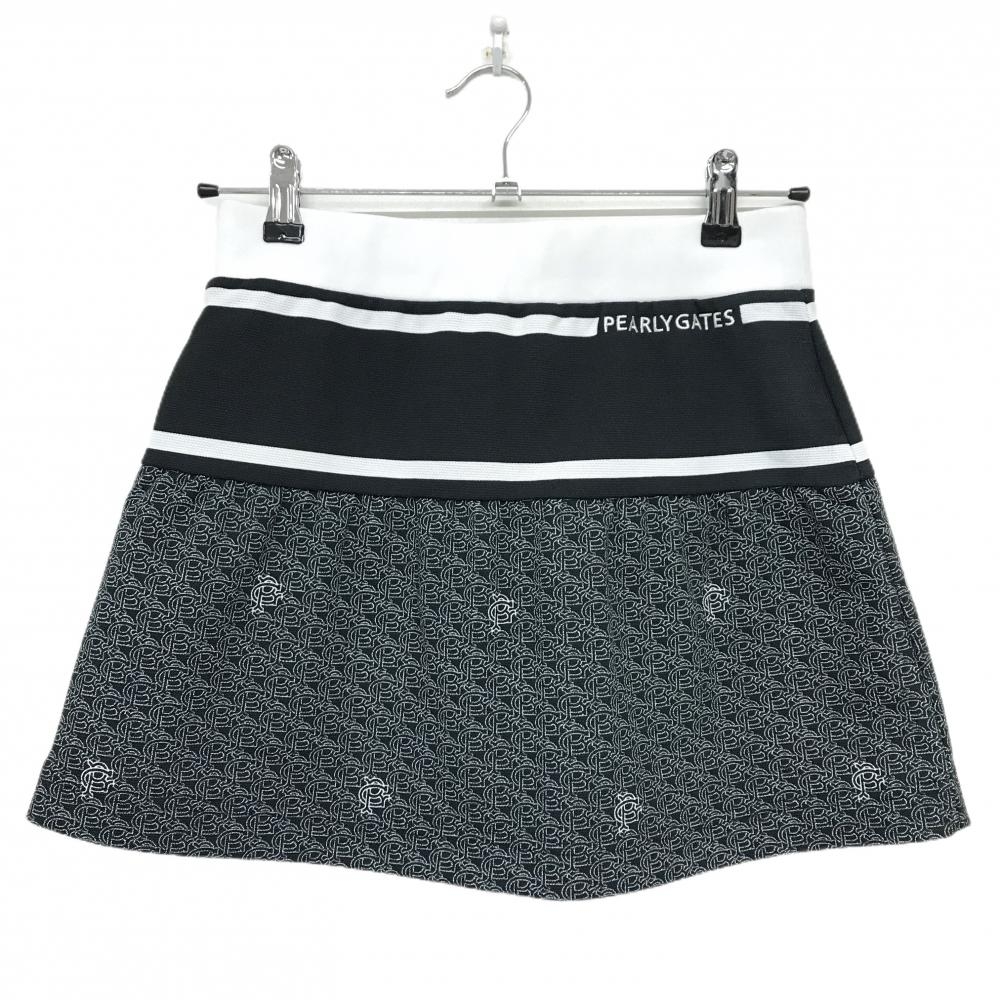 【美品】パーリーゲイツ スカート 黒×白 一部ロゴ総柄 ウエストゴム レディース 0(S) ゴルフウェア PEARLY GATES