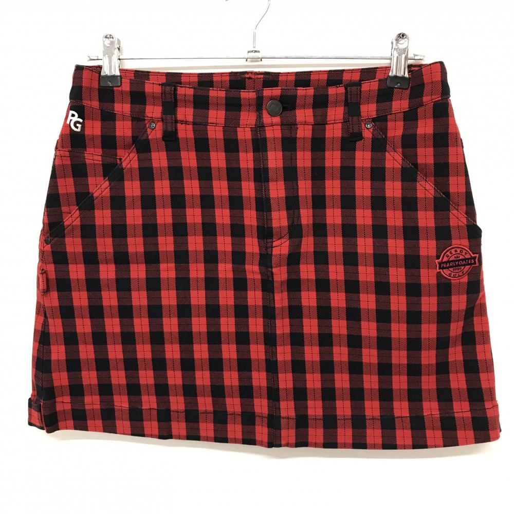 【美品】パーリーゲイツ スカート レッド×黒 チェック ストレッチ レディース 2(L) ゴルフウェア PEARLY GATES
