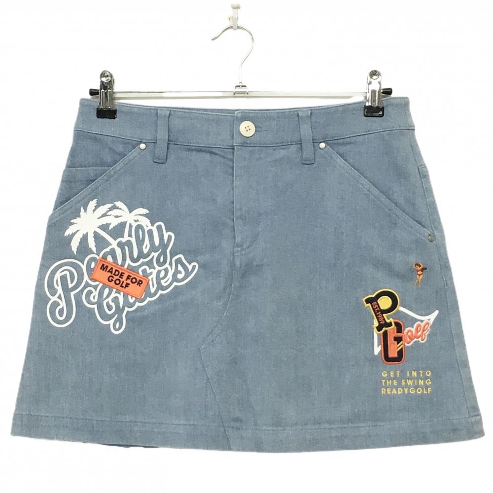 【超美品】パーリーゲイツ スカート ライトブルー デニム調 ストレッチ ワッペン  レディース 1(M) ゴルフウェア PEARLY GATES