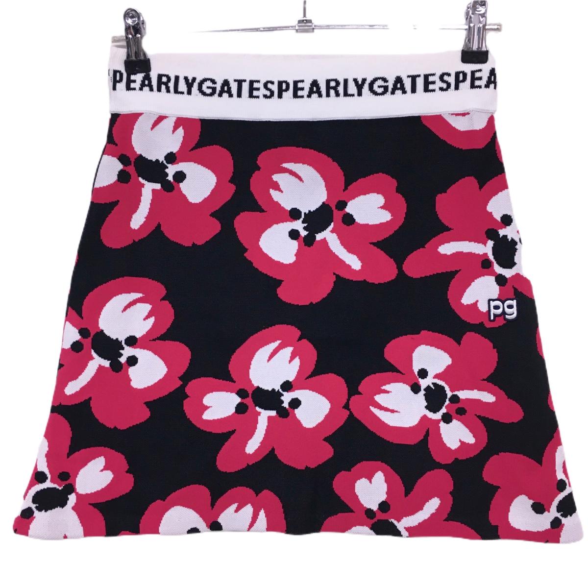 【美品】パーリーゲイツ ニットスカート 黒×ピンク×白 花柄 ウエストゴム  レディース 0(S) ゴルフウェア PEARLY GATES