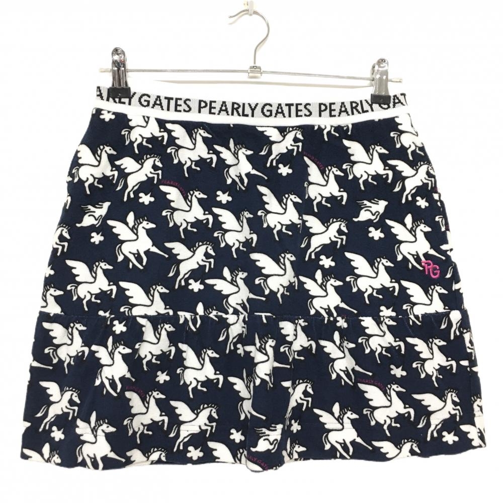【新品】パーリーゲイツ スカート ネイビー×白 ペガサス柄 パイル地 ウエストゴム レディース 1(M) ゴルフウェア PEARLY GATES