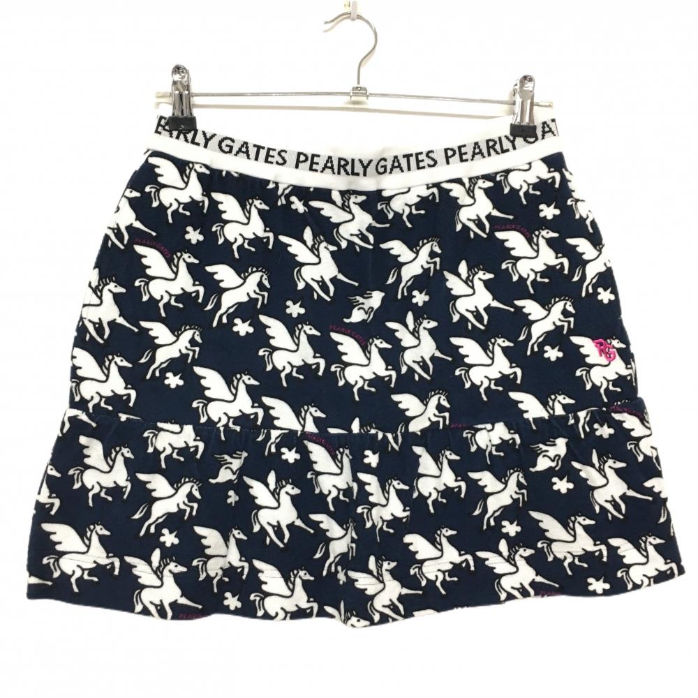 【新品】パーリーゲイツ スカート ネイビー×白 ペガサス柄 パイル地 ウエストゴム レディース 1(M) ゴルフウェア PEARLY GATES