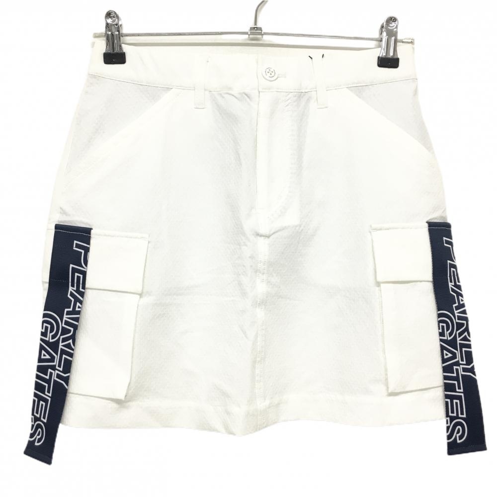 【新品】パーリーゲイツ カーゴスカート 白×ネイビー サッカー生地 ポケットベルトロゴ レディース 0(S) ゴルフウェア PEARLY GATES