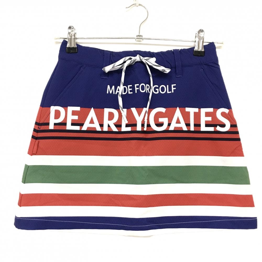 【新品】パーリーゲイツ スカート ブルー×レッド ボーダー調 織生地 フロントロゴ レディース 00(XS) ゴルフウェア PEARLY GATES