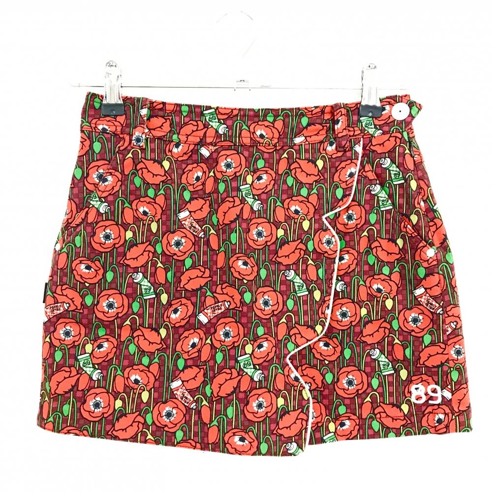 【超美品】パーリーゲイツ スカート レッド×グリーン 韓国モデル 花柄 内側インナーパンツ  レディース -0(XS) ゴルフウェア PEARLY GATES
