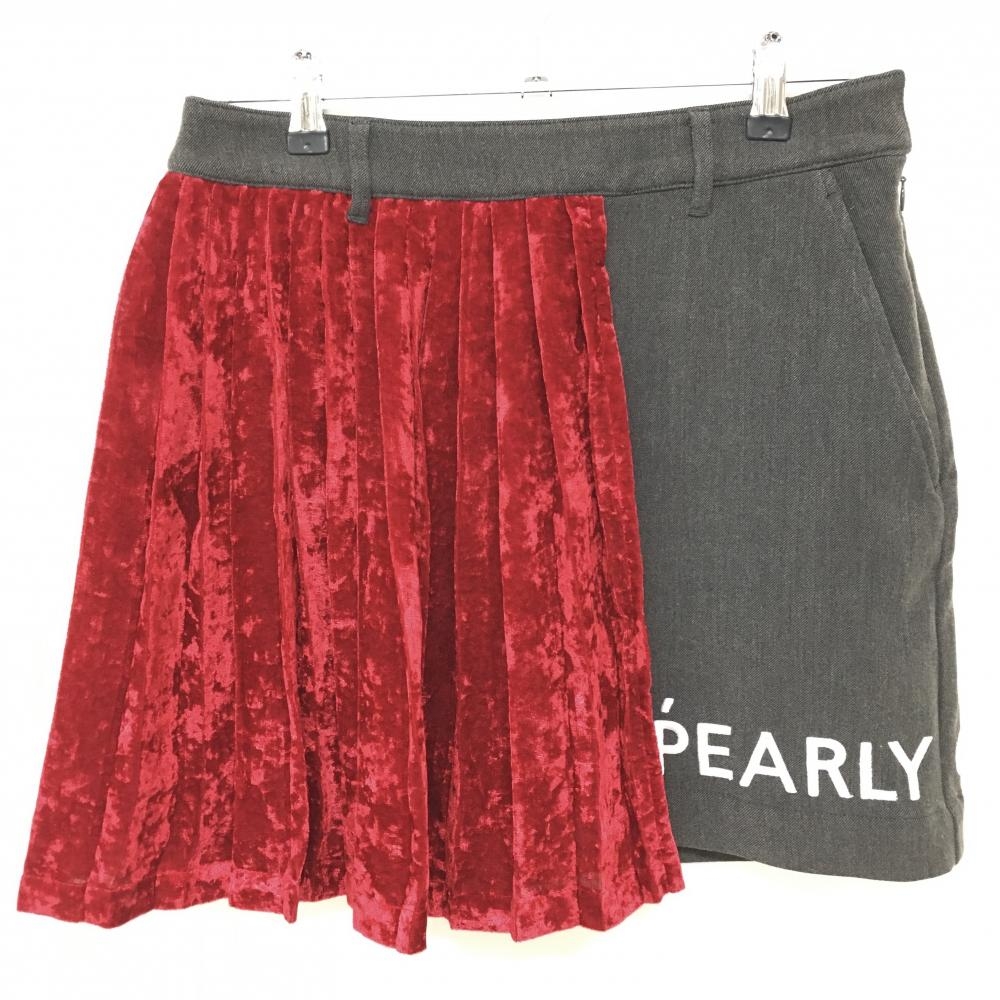 【美品】パーリーゲイツ スカート 杢グレー×レッド系 一部プリーツレイヤード調 ストレッチ レディース 1(M) ゴルフウェア PEARLY GATES