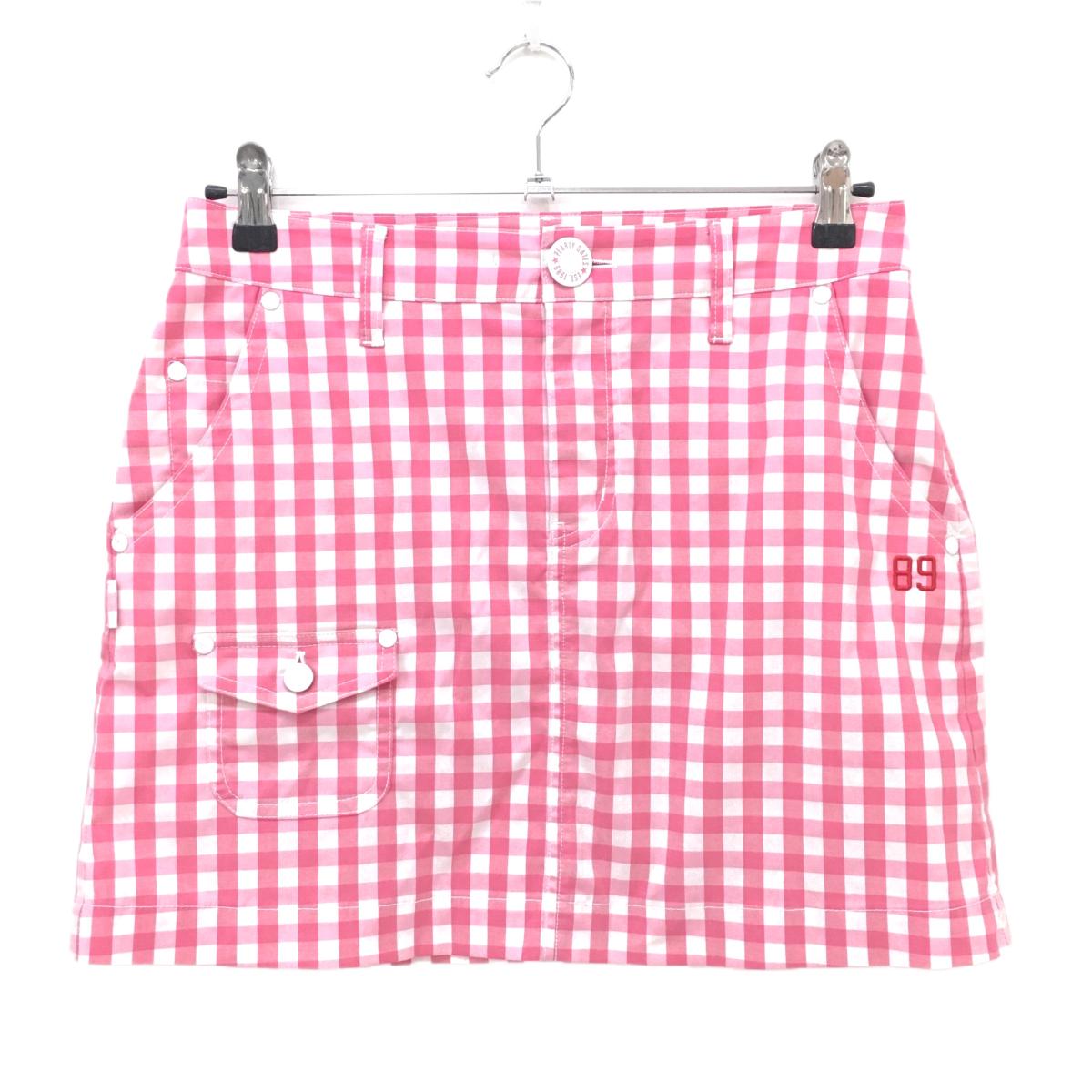 【美品】パーリーゲイツ スカート ピンク×白 ブロックチェック 複数ポケット レディース 1(M) ゴルフウェア PEARLY GATES