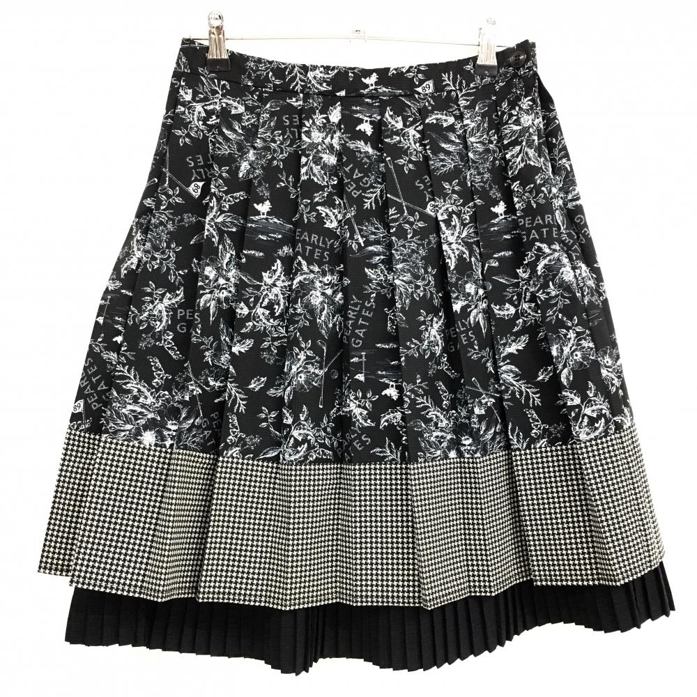 【超美品】パーリーゲイツ スカート 黒×白 総柄 花 リーフ プリーツ  レディース 1(M) ゴルフウェア PEARLY GATES
