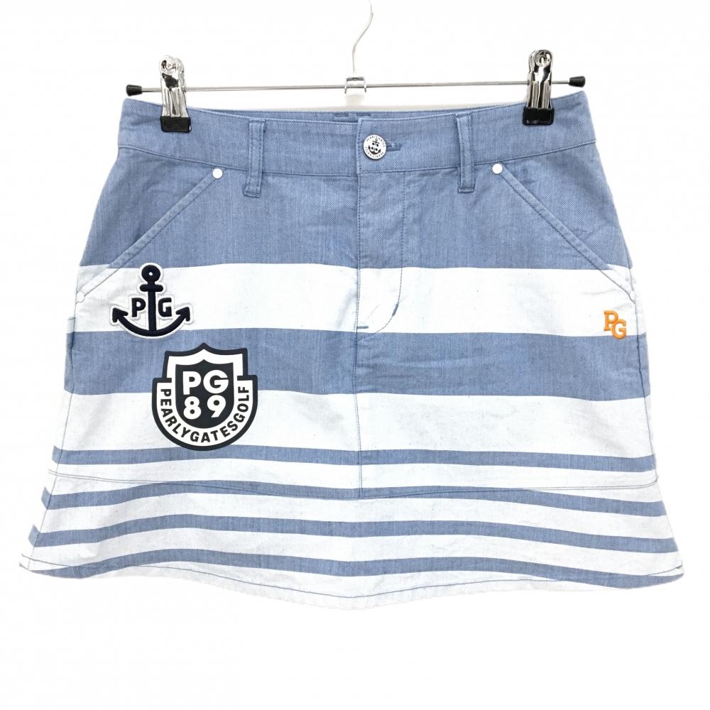 【超美品】パーリーゲイツ スカート ブルー×白 ランダムボーダー ストレッチ  レディース 1(M) ゴルフウェア PEARLY GATES