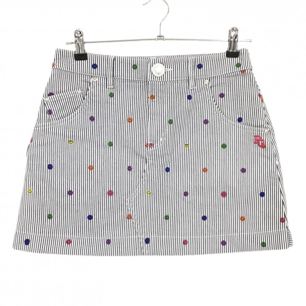 【超美品】パーリーゲイツ スカート 白×ダークネイビー ストライプ カラフルニコちゃん総柄  レディース 1(M) ゴルフウェア PEARLY GATES