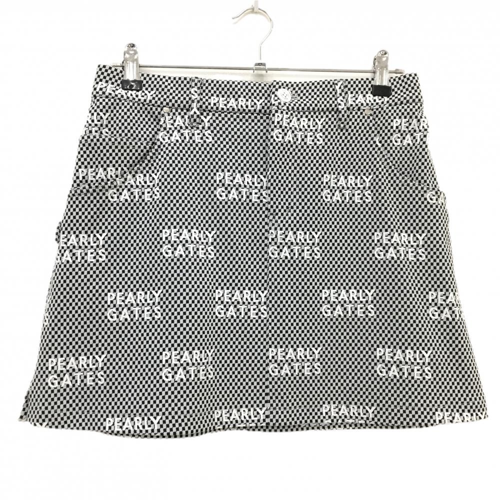 【超美品】パーリーゲイツ スカート 黒×白 ブロックチェック風 ロゴ レディース 2(L) ゴルフウェア PEARLY GATES
