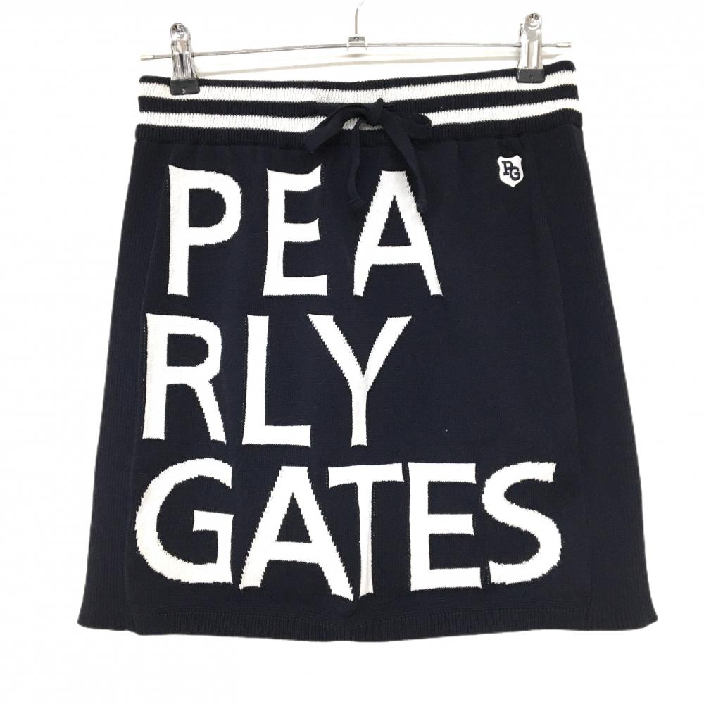 【超美品】パーリーゲイツ ニットスカート ネイビー×白 ビッグロゴ 裏地付 レディース 1 ゴルフウェア PEARLY GATES