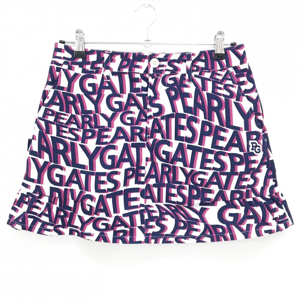 【美品】パーリーゲイツ スカート 白×ネイビー ロゴ総柄 サッカー生地 レディース 1(M) ゴルフウェア PEARLY GATES
