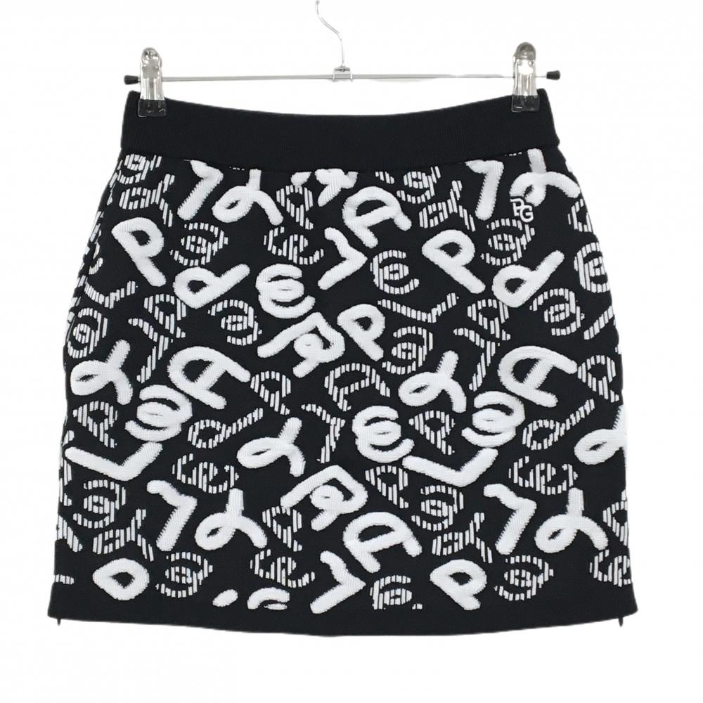 【新品】パーリーゲイツ ニットスカート 黒×白 総柄 パイル風立体英字 ウエストゴム レディース 1(M) ゴルフウェア PEARLY GATES