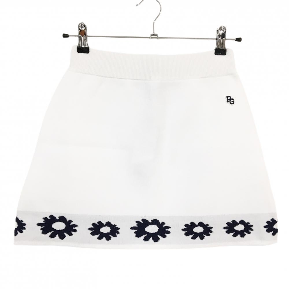 【新品】パーリーゲイツ ニットスカート 白×ネイビー 裾花柄 ウエストゴム ロゴワッペン  レディース 0(S) ゴルフウェア PEARLY GATES