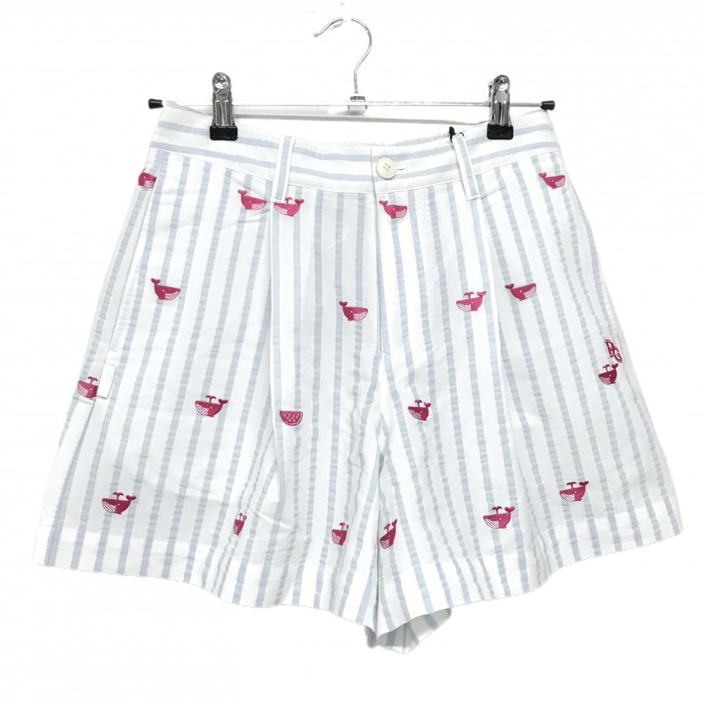 【新品】パーリーゲイツ キュロットスカート 白×ライトブルー系 クジラ柄 ストライプ レディース 0(S) ゴルフウェア PEARLY GATES