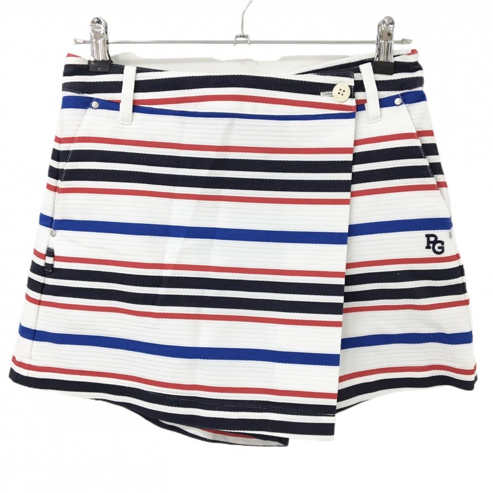 【美品】パーリーゲイツ キュロットスカート 白×ダークネイビー×レッド ランダムボーダー  レディース 1(M) ゴルフウェア PEARLY GATES