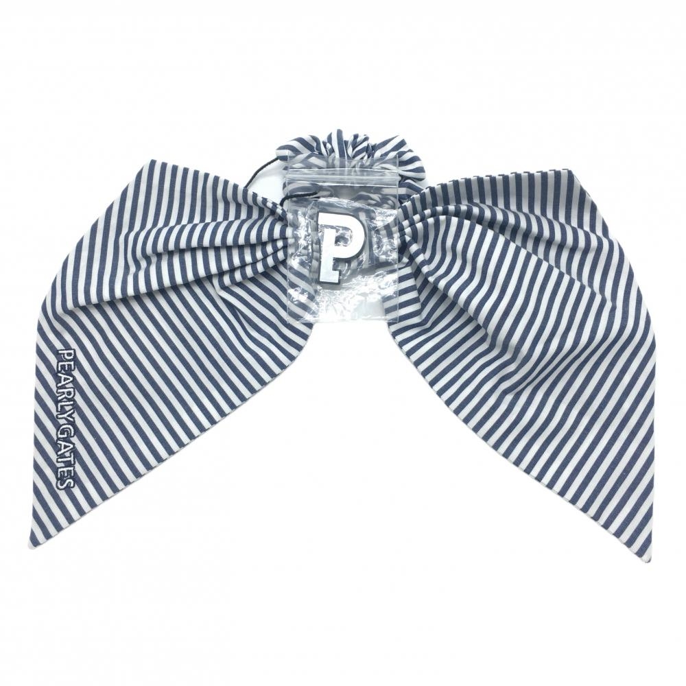 【新品】パーリーゲイツ ヘアアクセサリー 白×ネイビー ボーダー マーカー付きヘアリボン レディース FR ゴルフウェア PEARLY GATES