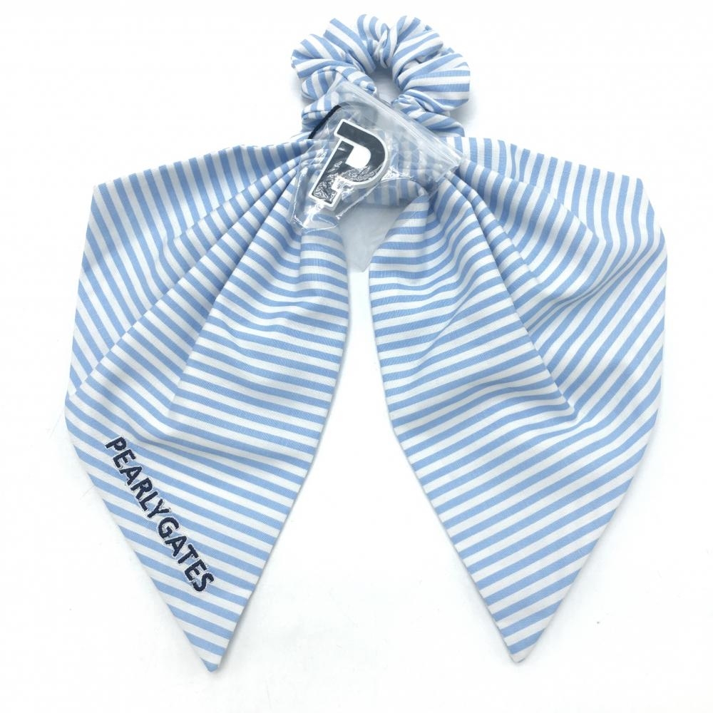 【新品】パーリーゲイツ ヘアアクセサリー 白×ライトブルー ボーダー マーカー付きヘアリボン レディース FR ゴルフウェア PEARLY GATES