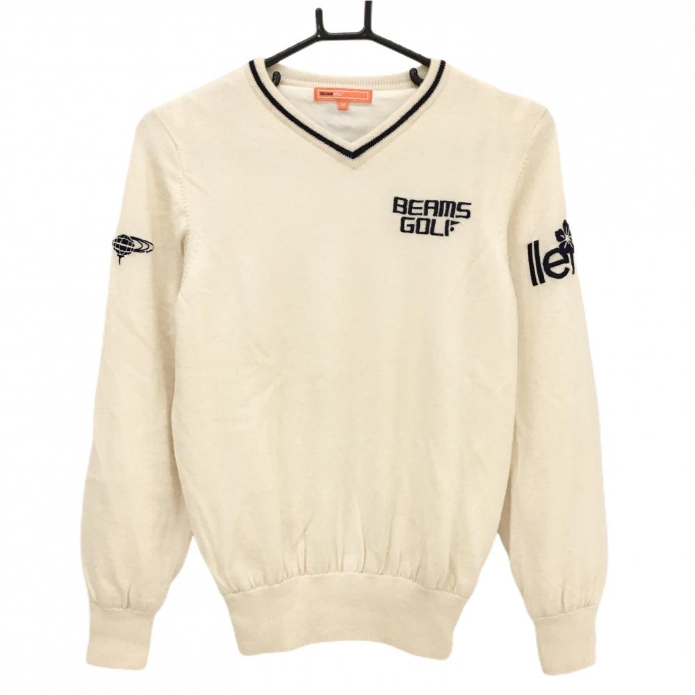 【美品】ビームスゴルフ セーター 白×ネイビー 裏地付 ウール100％ Vネック ニット レディース M ゴルフウェア BEAMS GOLF