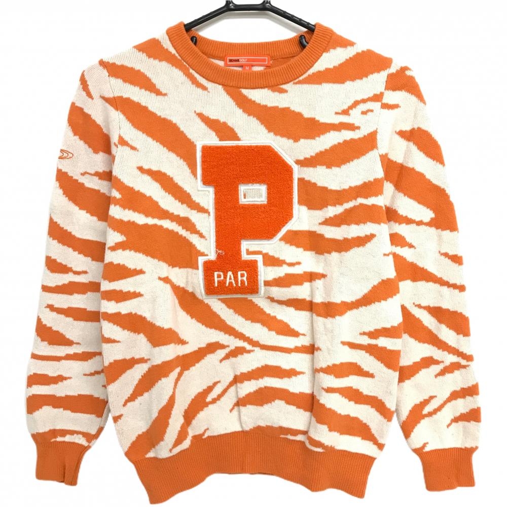 ビームスゴルフ セーター オレンジ×白 ゼブラ柄 ウール・カシミヤ混  レディース M ゴルフウェア BEAMS GOLF