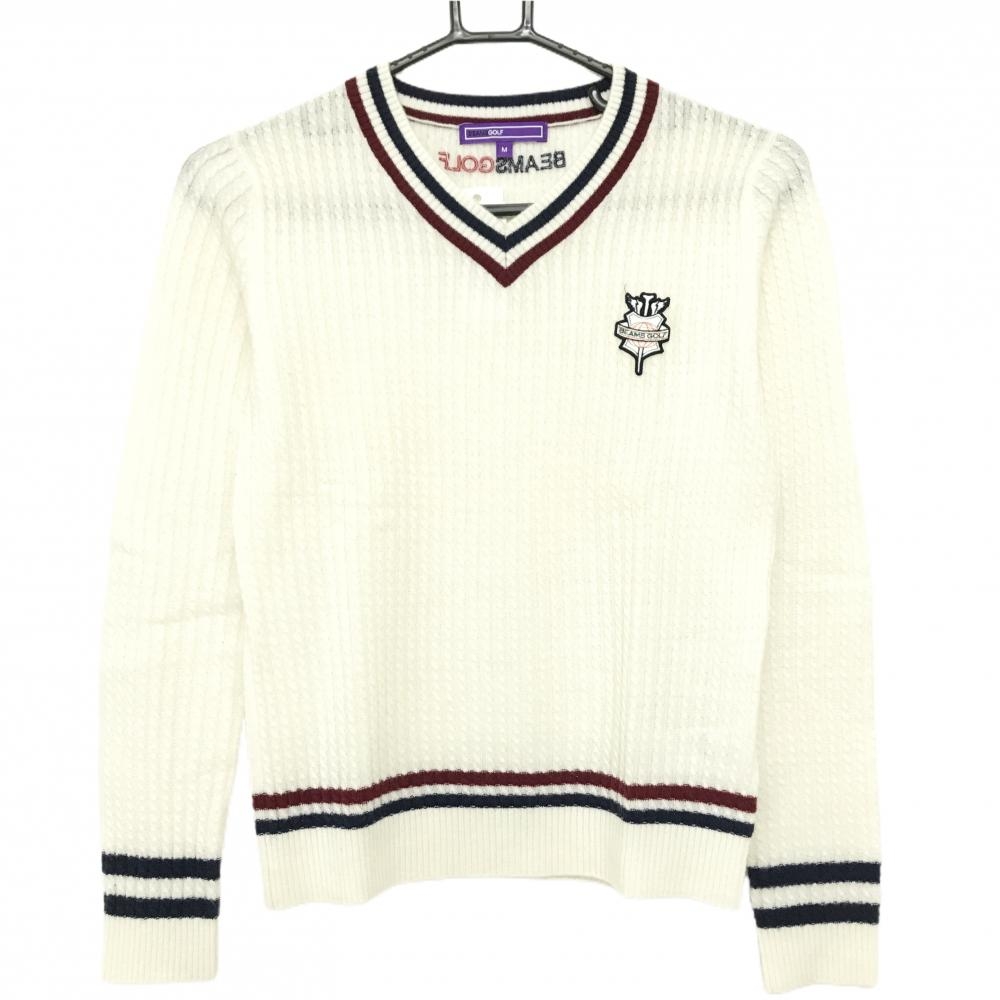 【美品】ビームスゴルフ セーター 白×ネイビー ケーブル編み Vネック ウール混  レディース M ゴルフウェア BEAMS GOLF