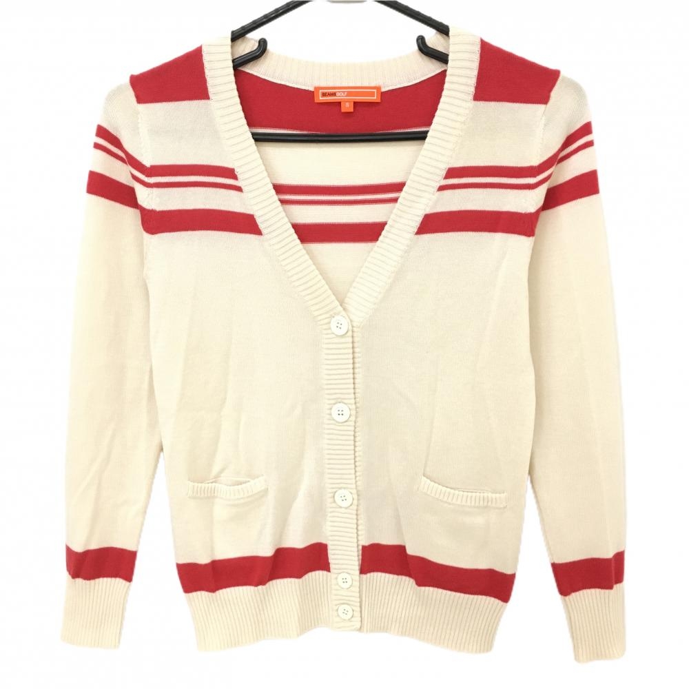 【美品】ビームスゴルフ ニットカーディガン ライトベージュ×レッド 一部ボーダー コットン混 レディース S ゴルフウェア BEAMS GOLF