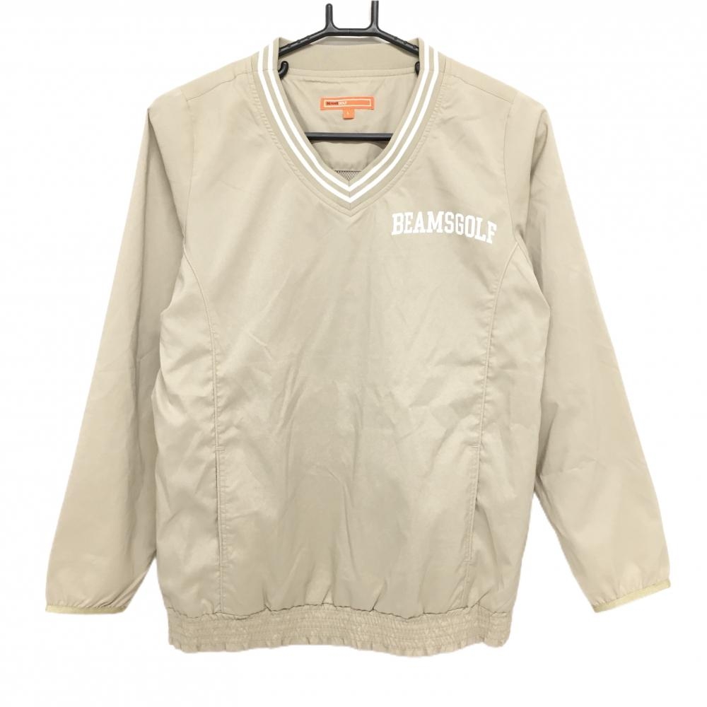 【美品】ビームスゴルフ スニード ベージュ×白 ロゴプリント 襟ライン メッシュ裏地 レディース L ゴルフウェア BEAMS GOLF
