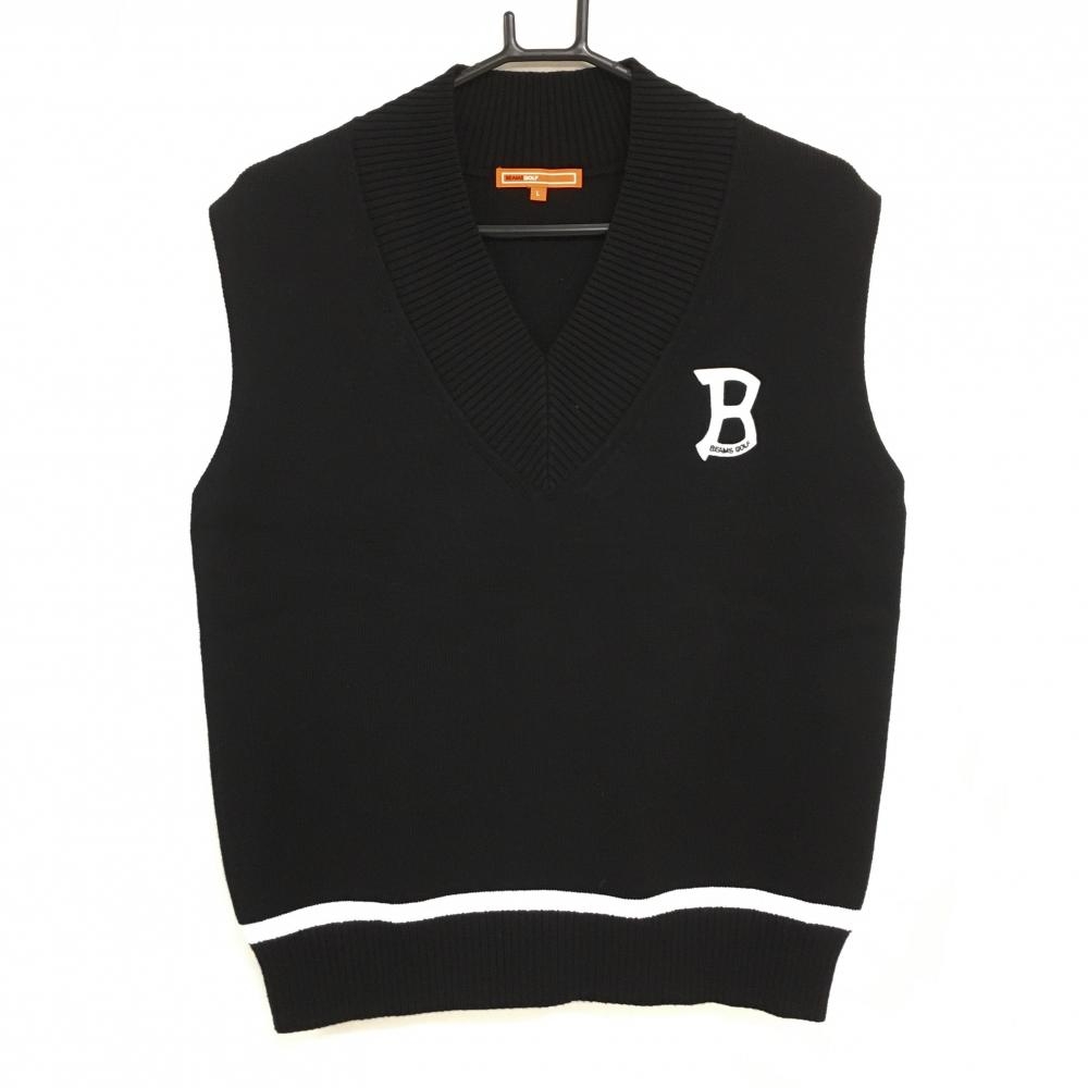 【美品】ビームスゴルフ ニットベスト 黒 ロゴ白 コットン混 レディース L ゴルフウェア 2024年モデル BEAMS GOLF