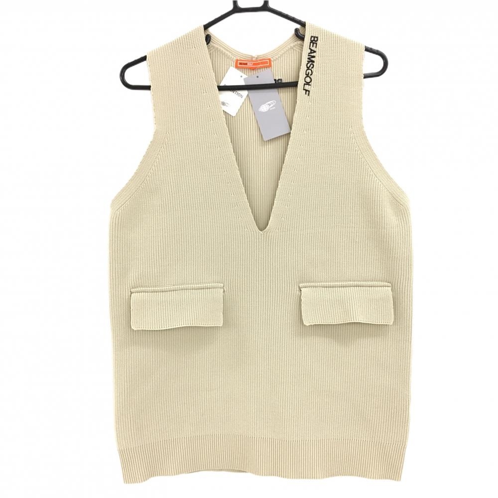 【新品】ビームスゴルフ ニットベスト ベージュ Vネック 前ポケット ロングベスト レディース S ゴルフウェア BEAMS GOLF