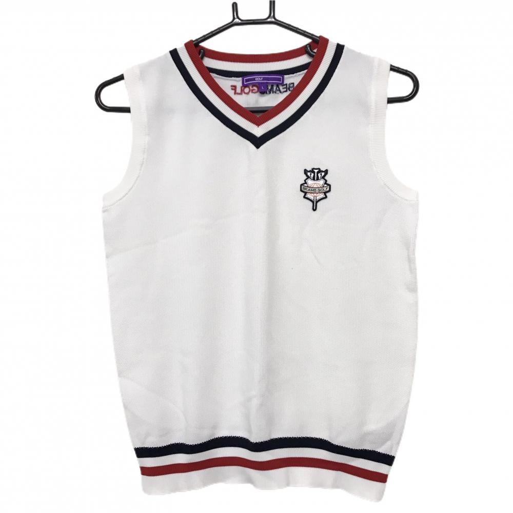 ビームスゴルフ ニットベスト 白×ネイビー×レッド ネックトリコロール Vネック レディース L ゴルフウェア BEAMS GOLF