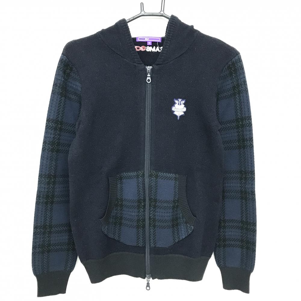 【美品】ビームスゴルフ ジップニットパーカー ネイビー×グリーン 一部チェック ブルゾン ウール混 レディース M ゴルフウェア BEAMS GOLF